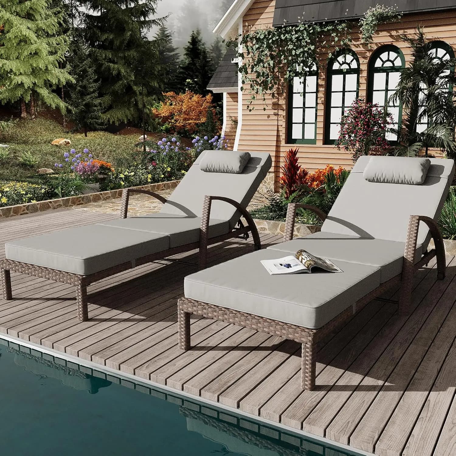 2 Pieces Adjustable Exterior Shaft 5 Positions in Rattan PE with Arms and Pillows for Patio and Pool, Customizable