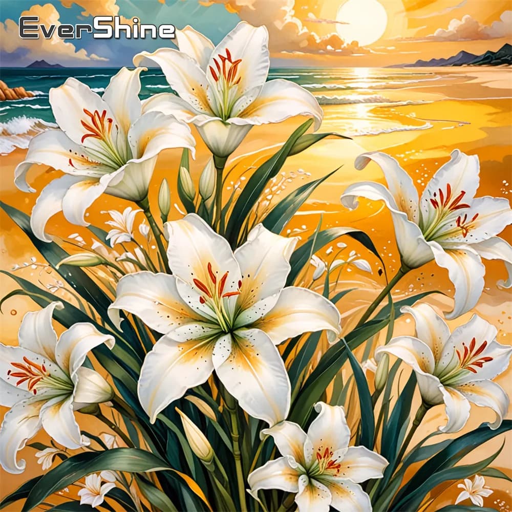 Evershine Lily Diamond Painting Flower Rhinestones Picture Mosaic Seaside Cross Stitch Set Embroidery Sunset Wall Art