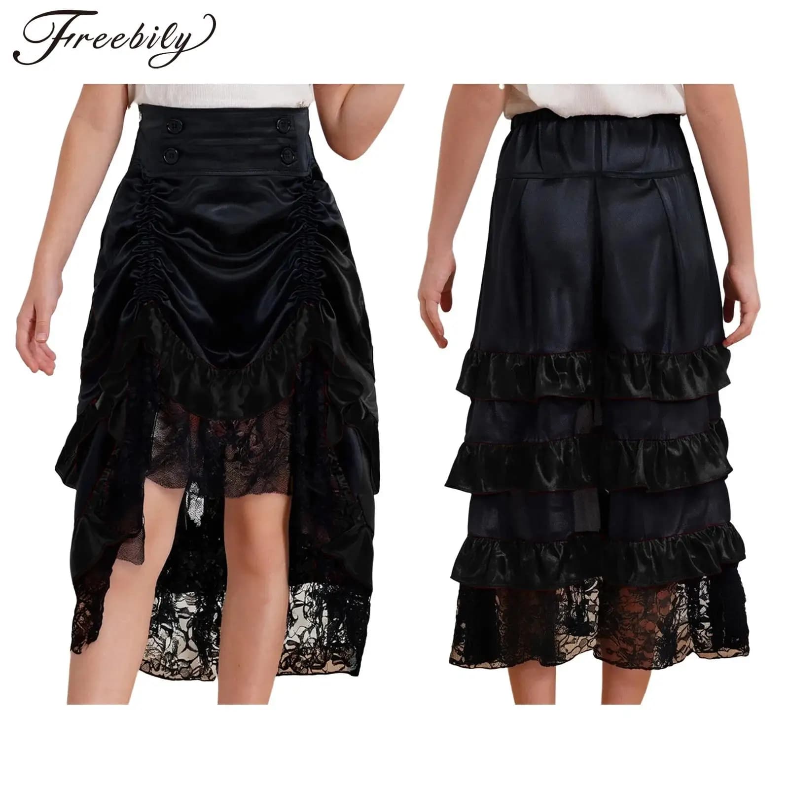 Costume cosplay medievale rinascimentale per bambina, gonna Steampunk gotica vittoriana a vita alta con volant a strati per il carnevale di Halloween