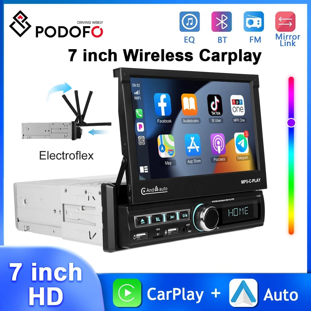 Podofo 7 ''IPS Touch Screen Autoradio Carplay Android Auto USB Ricarica FM/RDS BT EQ USB Schermo retrattile automatico Auto Stereo