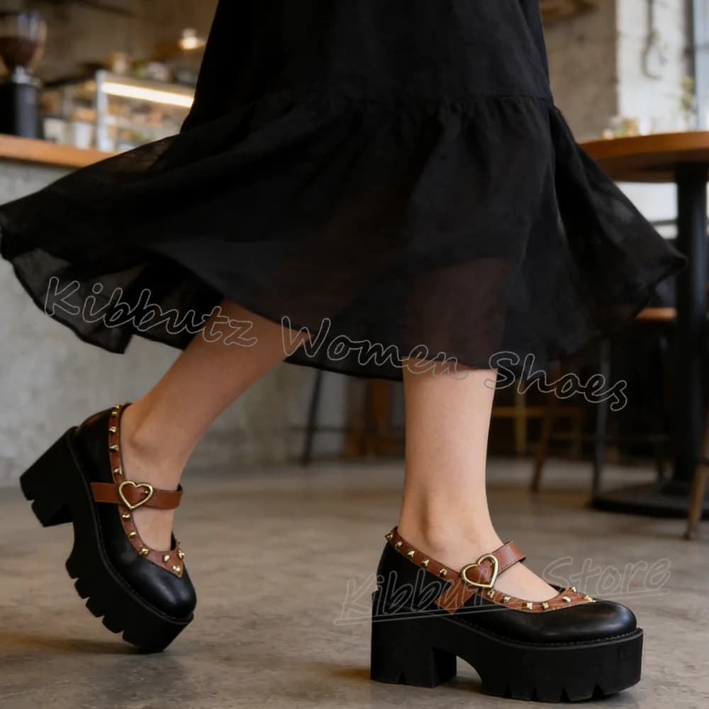 Bordered Rivets Mary Jane Pumps Platform Leather Women Shoes Belt Buckle Mixed Color Round Toe Chunky Heels Fashion Novelty New