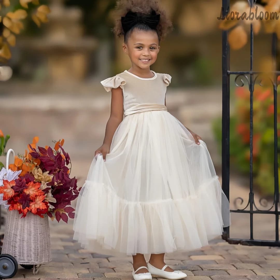 Abito da damigella personalizzato multicolore in tulle, abito formale con lacci, abito lungo da sera per bambine.