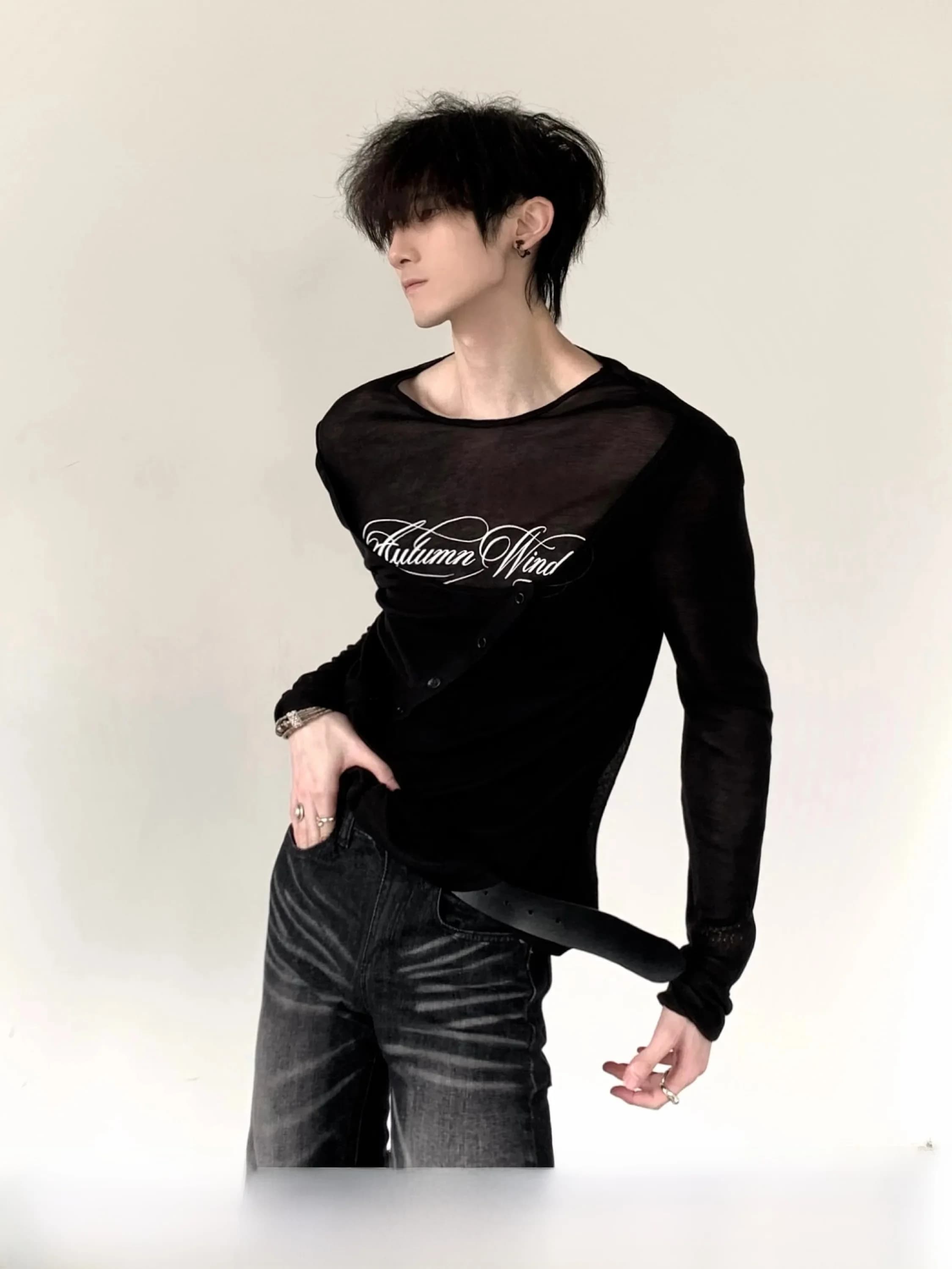 Y2K Autumn Mountain Wind Lightweight Knitted T-Shirt Men's Visual Series Semi-Transparent Mesh Cover up Street Style Long Sle...