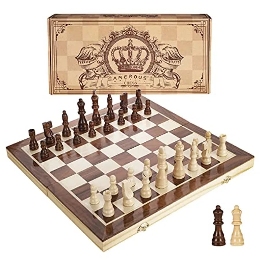 15 Inches Magnetic Wooden Chess Set - 2 Extra Queens - Folding Board - Pieces Storage Slots, Handmade Portable Travel Chess Gam