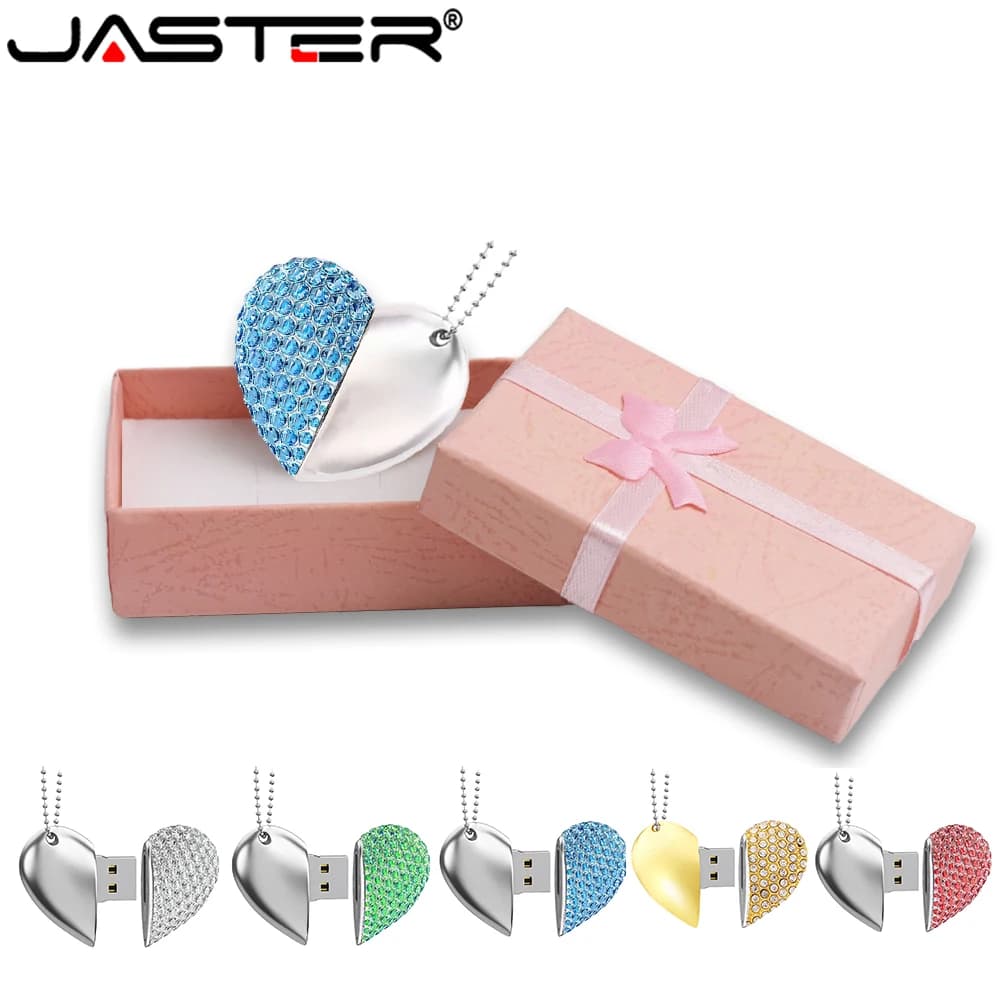 Collana Cuore Pendrive 128GB Cristallo + Scatola Rosa Chiavetta USB 64GB Disco U ad alta velocità Memory Stick regalo per anniversario di matrimonio