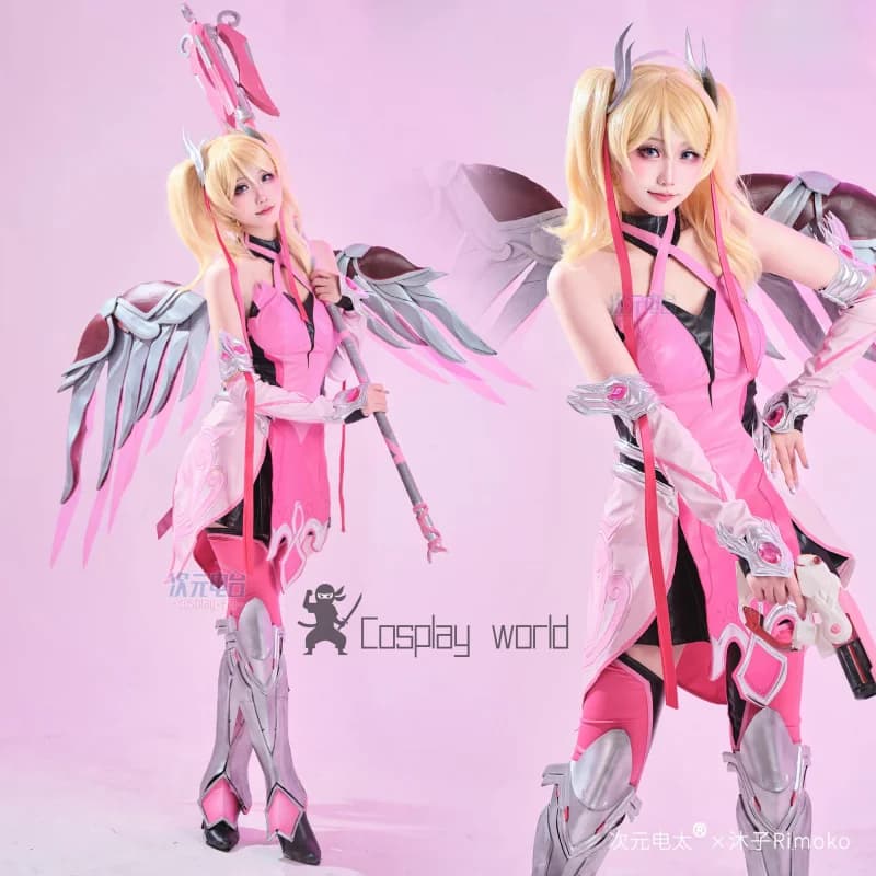 Gioco Overwatch Costume Cosplay Misericordia ‌ Dolce rosa angelo abito in pelle uniforme anime donne vestiti da festa di carnevale di Halloween