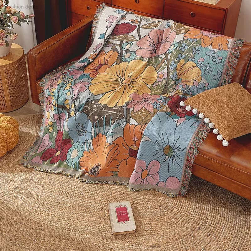 Coperta in Cotone e Lino Intrecciato con Motivi Floreali, Tappetino da Picnic, Coperta Impermeabile per Campeggio, Copridivano, Arazzo, Tre Usi in Una Sola Coperta