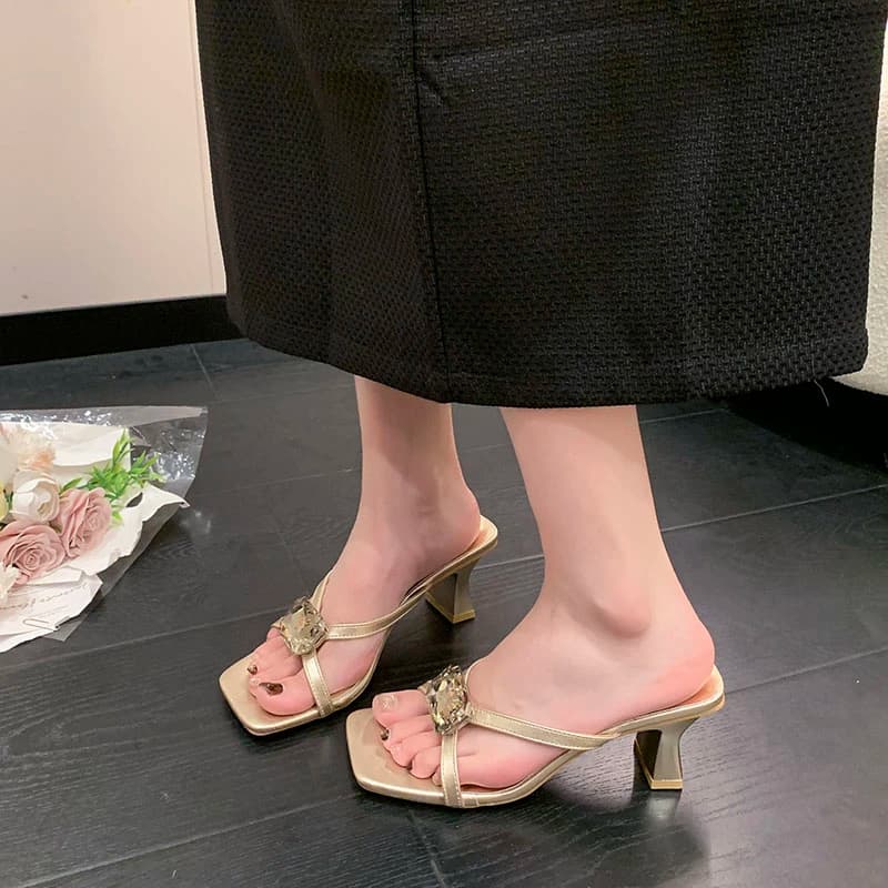 Women French Light Luxury Large Rhinestone Plus Size Women Slippers Flip Flops Temperament Sexy Stiletto Sandals