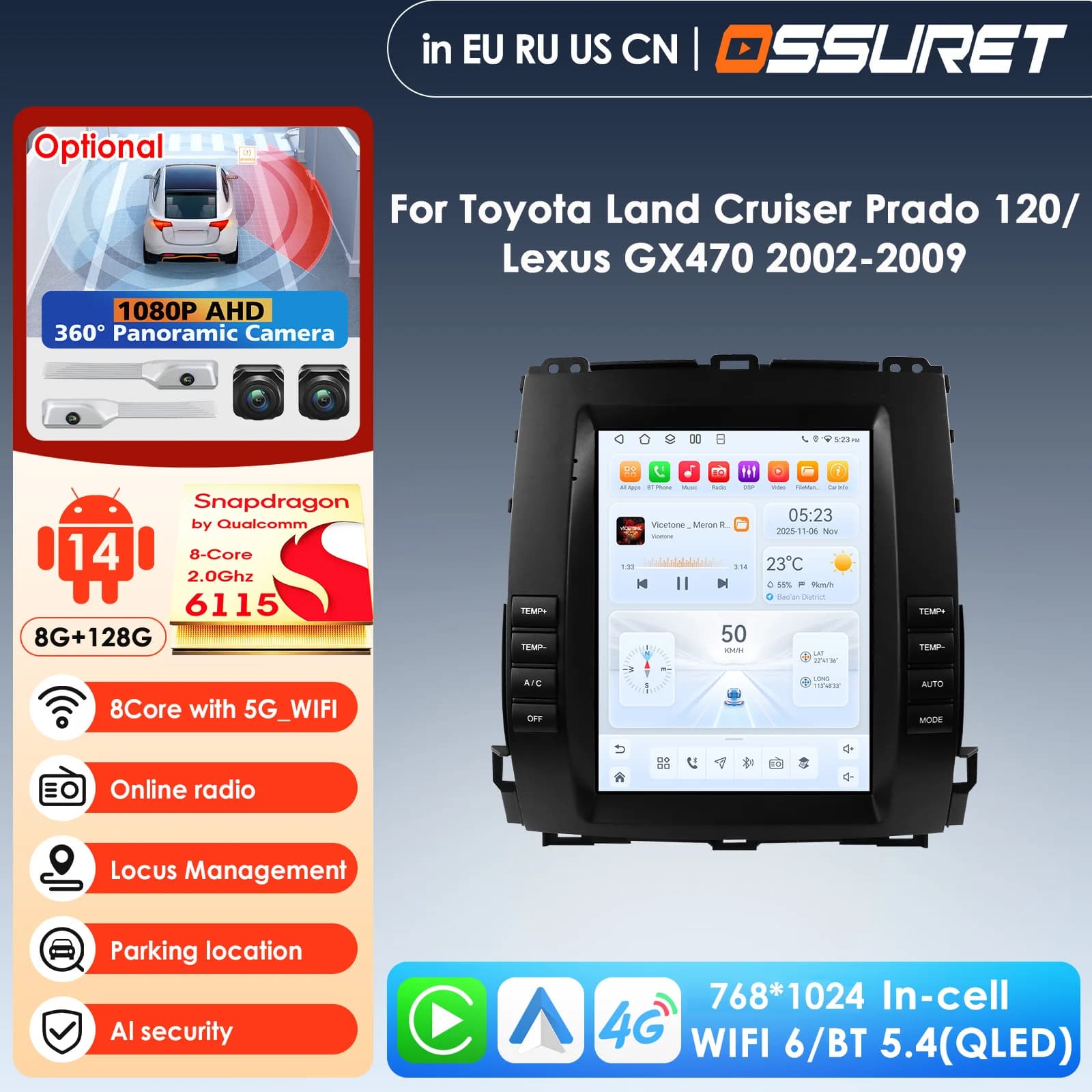 9.7'' Carplay 4G 2Din Android Car Radio for Toyota Land Cruiser Prado 120 2002-2009 Lexus GX470 GPS Multimedia Video