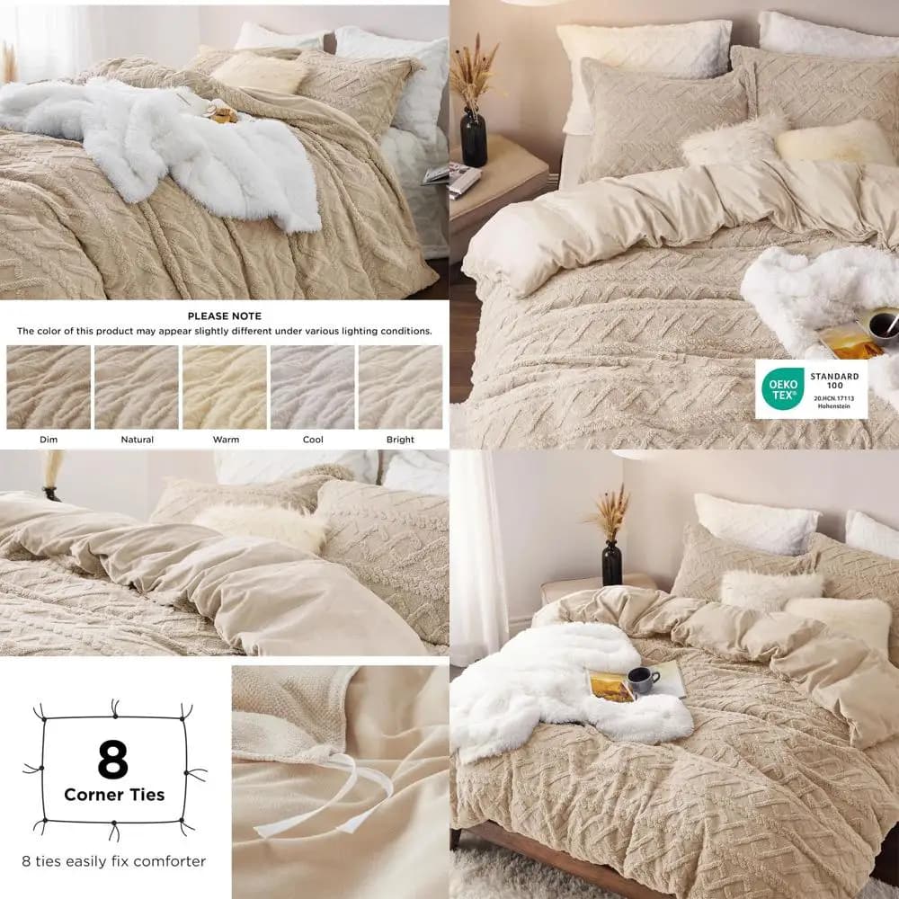 Set Copripiumino Queen Size in Peluche Beige Scuro con 2 Federe, Biancheria da Letto Calda per l'Inverno, Chiusura con Cerniera (90x90)