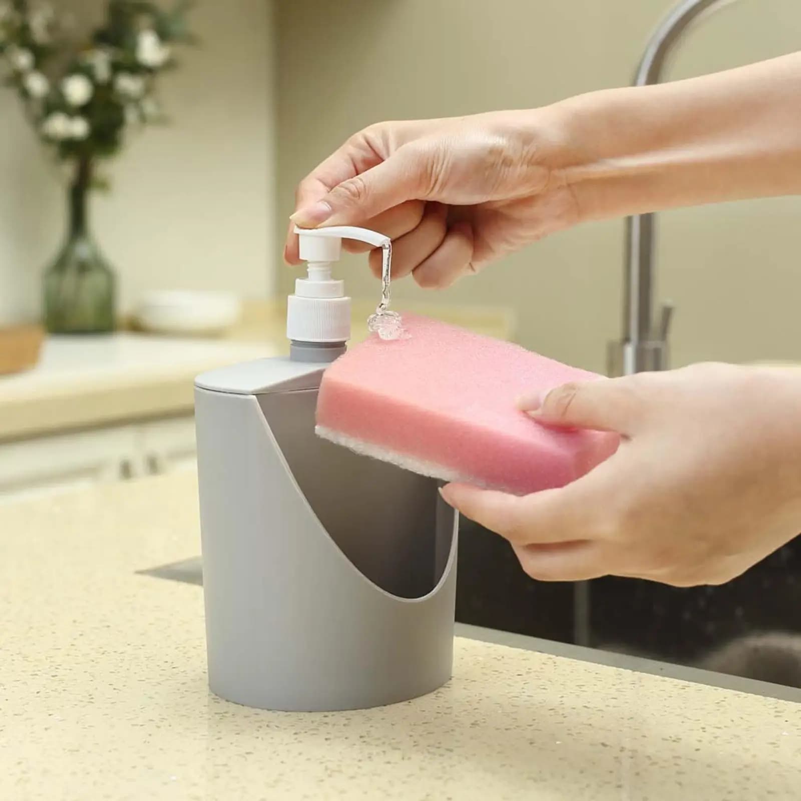 Modern Liquid Soap Dispenser with Sponge Holder Free Standing Plastic Pump for Home Bathroom Hotel Dishwashing