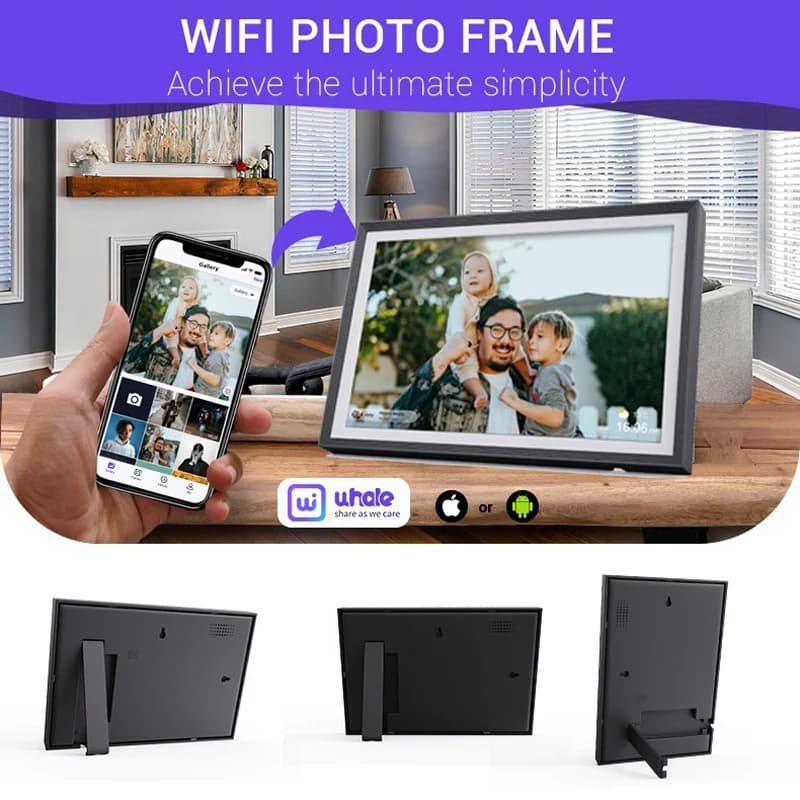 Cornice digitale intelligente con schermo touchscreen da 10 pollici e supporto Wi-Fi, in grado di inviare foto e video dal telefono alla cornice.