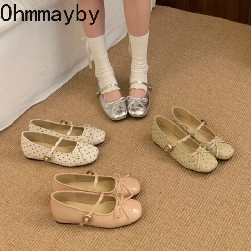 Polka Dot Internal Elevation Women Mary Jane Shoes Butterfly-knot Buckle Ladies Eelgant Square Toe Dress Ballet Flats Shoes