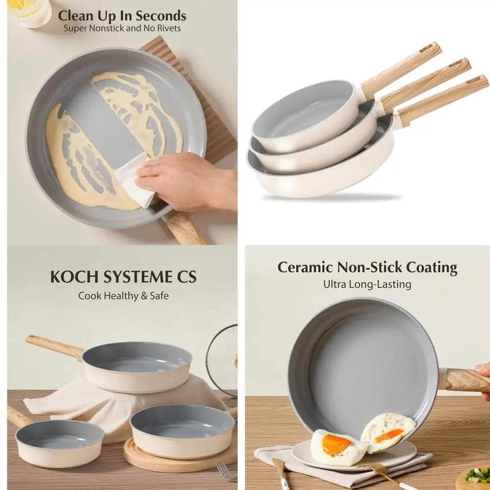 Set of 3 Anti-adhesive Panels with Heat Resistant, 8, 9.5, 11 Inches, Non-toxic, Compatible with Induction, Dishwasher Washables, Cream Color