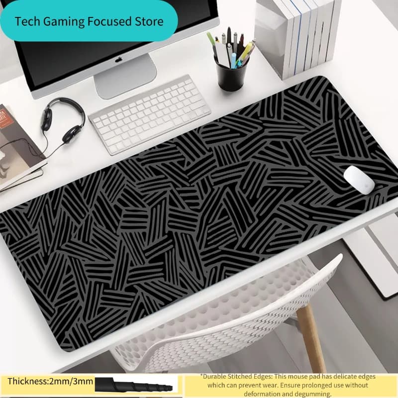 Tappetino per Mouse da Gaming Minimalista Nero con Linee Astratte, Tappetino da Scrivania XXL con Bordi Cuciti, Spessore 2mm/3mm