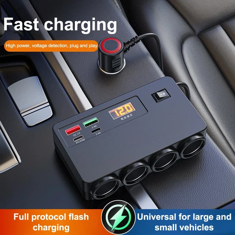 Caricatore per veicoli multifunzionale da 120 W con USB e TYPE-C Adattatore di alimentazione per auto con display digitale di tensione a ricarica rapida con quattro Conv
