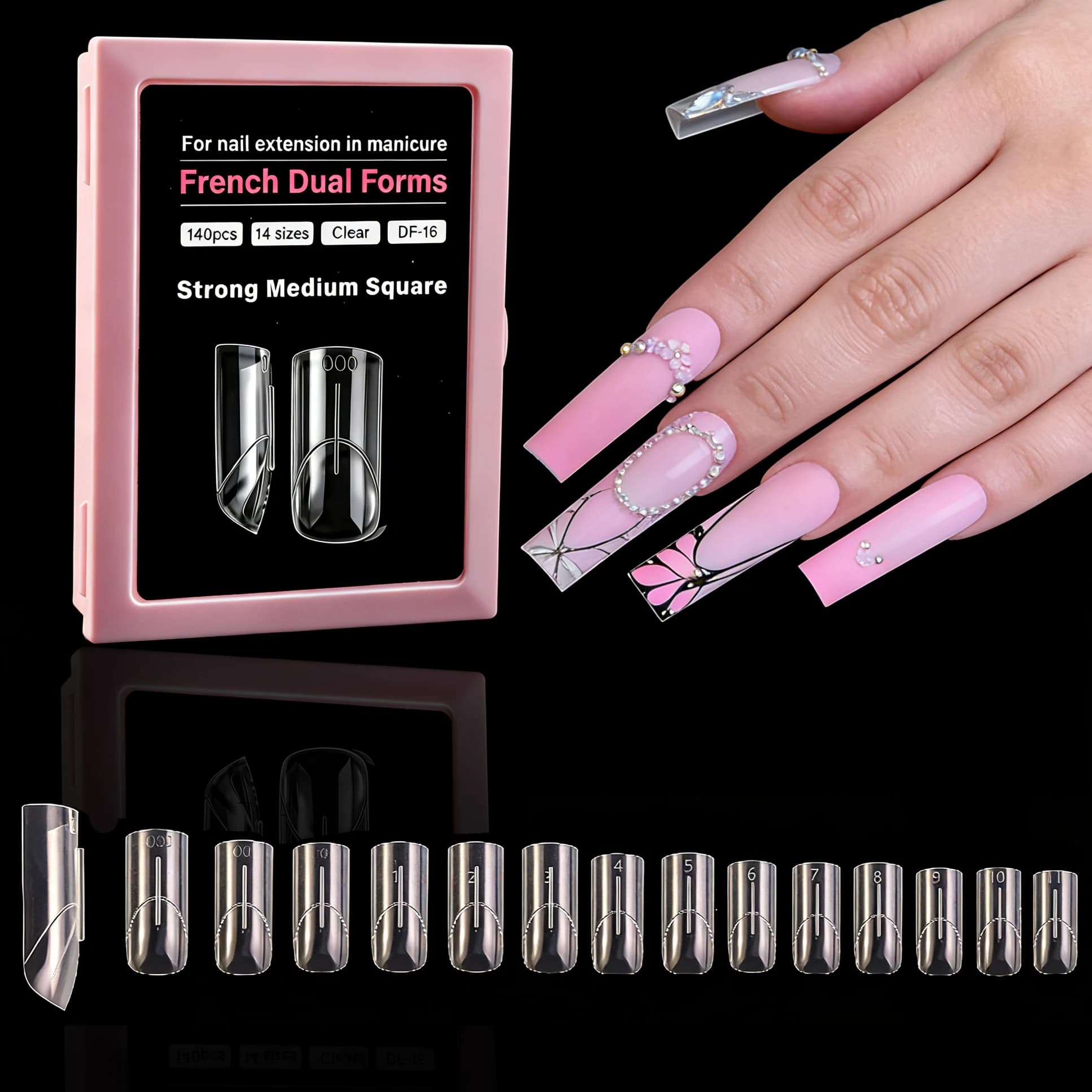 140 Pezzi Forme per Unghie Francesi Doppie Quadrate e a Mandorla, Stampi Riutilizzabili con Linea Francese Interna, 14 Misure per Estensione Gel