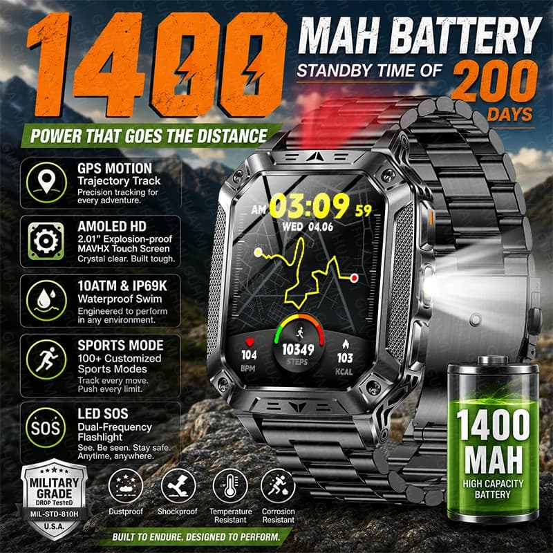 Nuovo Smartwatch Sportivo da Uomo per Esterni 2026, Batteria da 1400mAh, GPS, SOS, Torcia, Impermeabile 10ATM, Chiamate Bluetooth, Display AMOLED HD