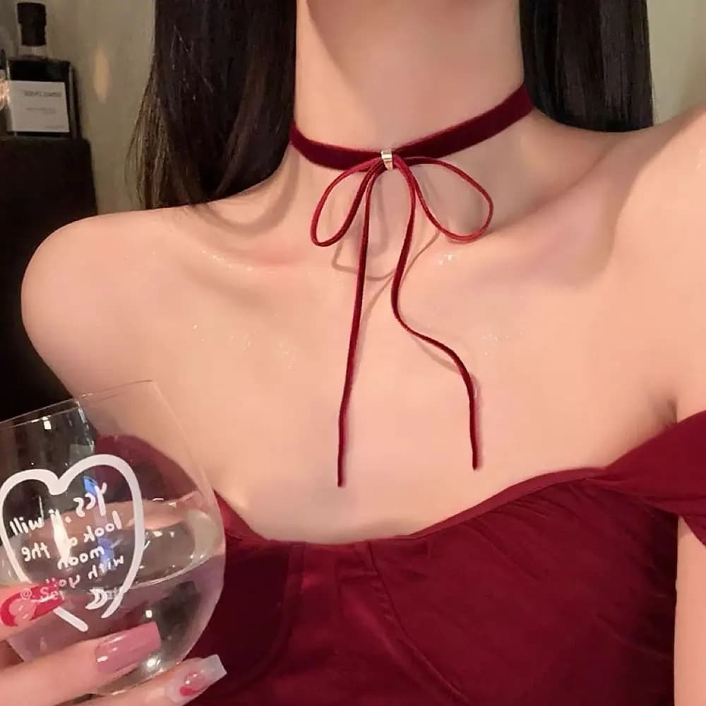 Fashionable Adjustable Chain Bow Necklace, Velvet Strap, Bow Pendant, Crewneck Necklace, Neck Accessory, INS Style Collar, Valentine's Day Gift