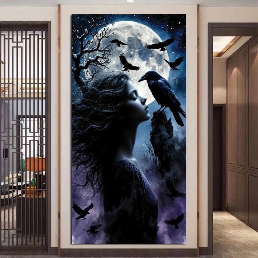 Diy Diamond Embroidery Moon Woman Crow Diamonds Painting Large Size Animal Bird Mosaic Picture Full Jewelry Cross Stitch Kits