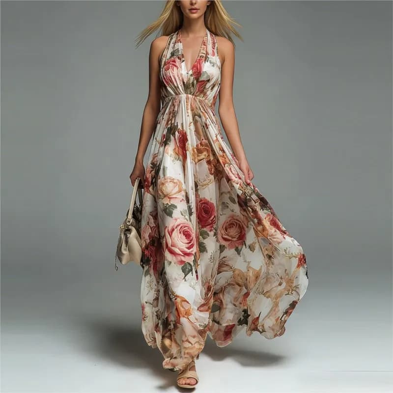 Nuovo Abito Estivo Elegante da Donna per Vacanze al Mare, Gonna Lunga Stampata con Scollo a V Senza Maniche, Orlo Ampio, Stile Casual a Trapezio