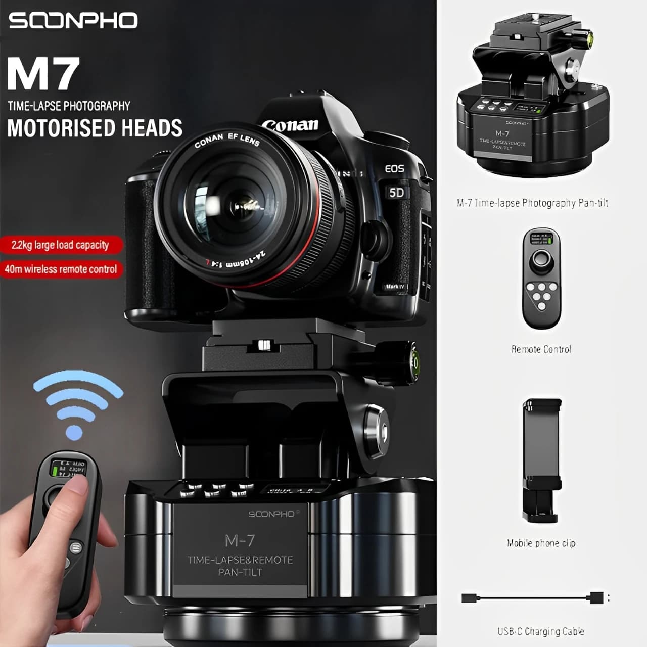 SOONPHO M7 Testa treppiede con giunto cardanico automatico per fotocamera per fotografia Time Lapse 360 ° Testa panoramica motorizzata con rotazione senza fili