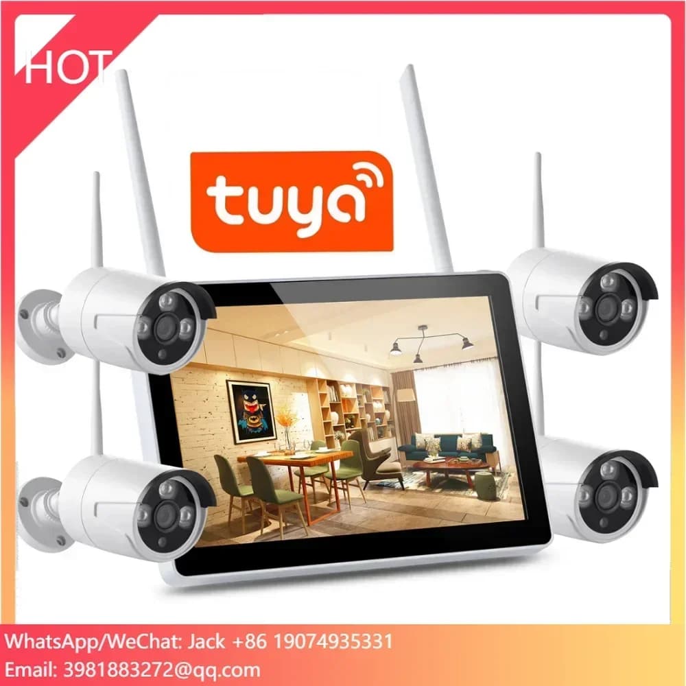 Kit di Videosorveglianza Plug & Play 3MP 4CH con DVR NVR e Schermo da 12 Pollici, Sistema di Telecamere di Sicurezza IP WiFi Smart Tuya per Casa
