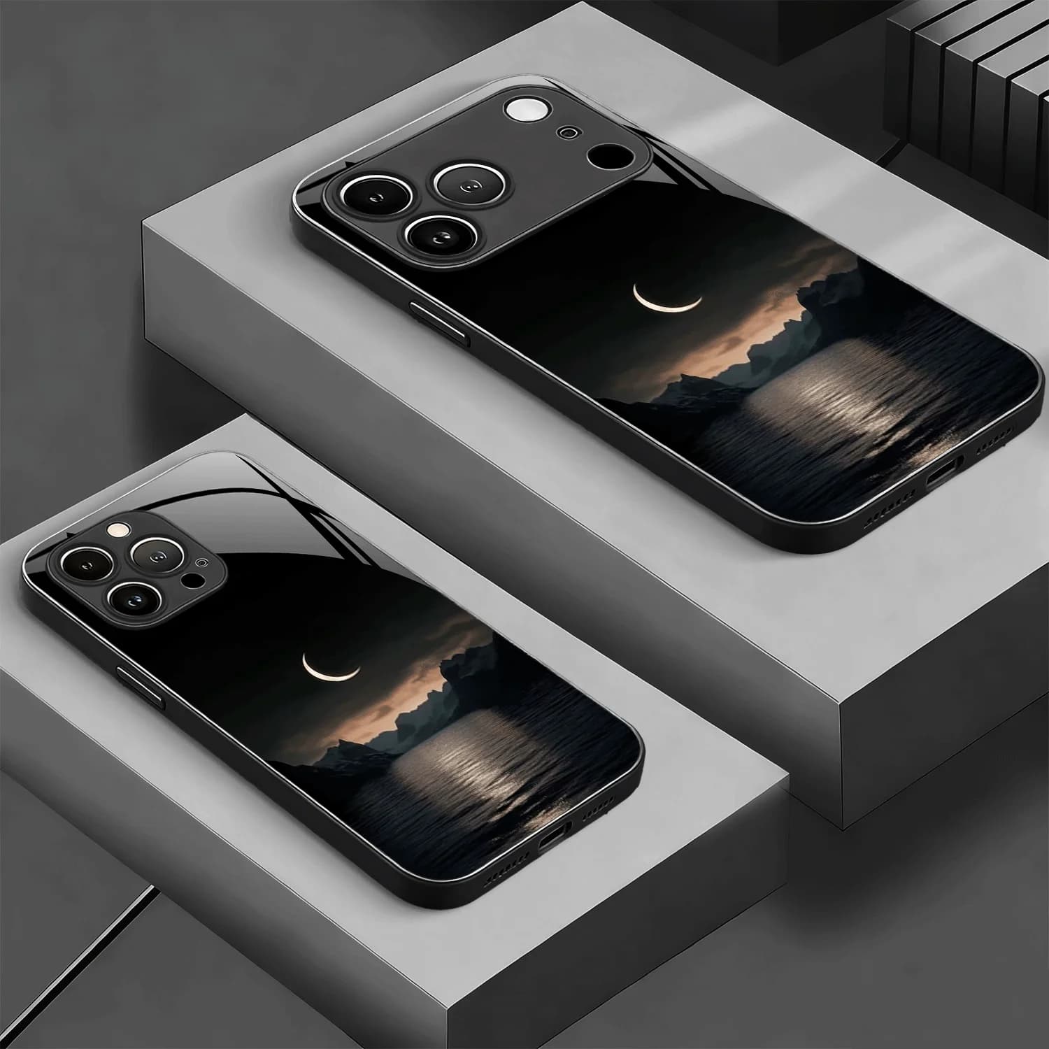 Crescent Moon Over Mountains Leather patterned phone case for iPhone 11/12/13/14/15/16/17 Pro ProMax