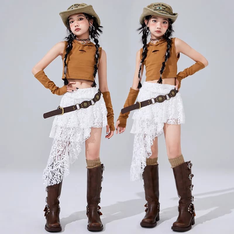 Abbigliamento Hip Hop per bambini Cool Felpa con cappuccio marrone Canotta Crop Top Gonna in pizzo con orlo irregolare a strati bianchi per ragazza Costumi di danza jazz Vestiti