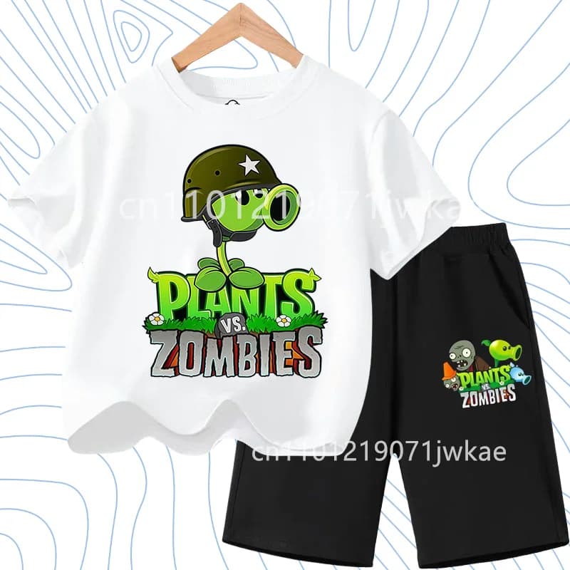 Set di t-shirt a maniche corte per bambini Plants Vs. Zombies in cotone, moda estiva, comodo top + pantaloni per ragazzi e ragazze