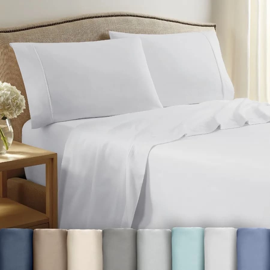 Soft Lightweight 400TC 100% Cotton Sateen Bed Sheet Set 4-Piece Full White