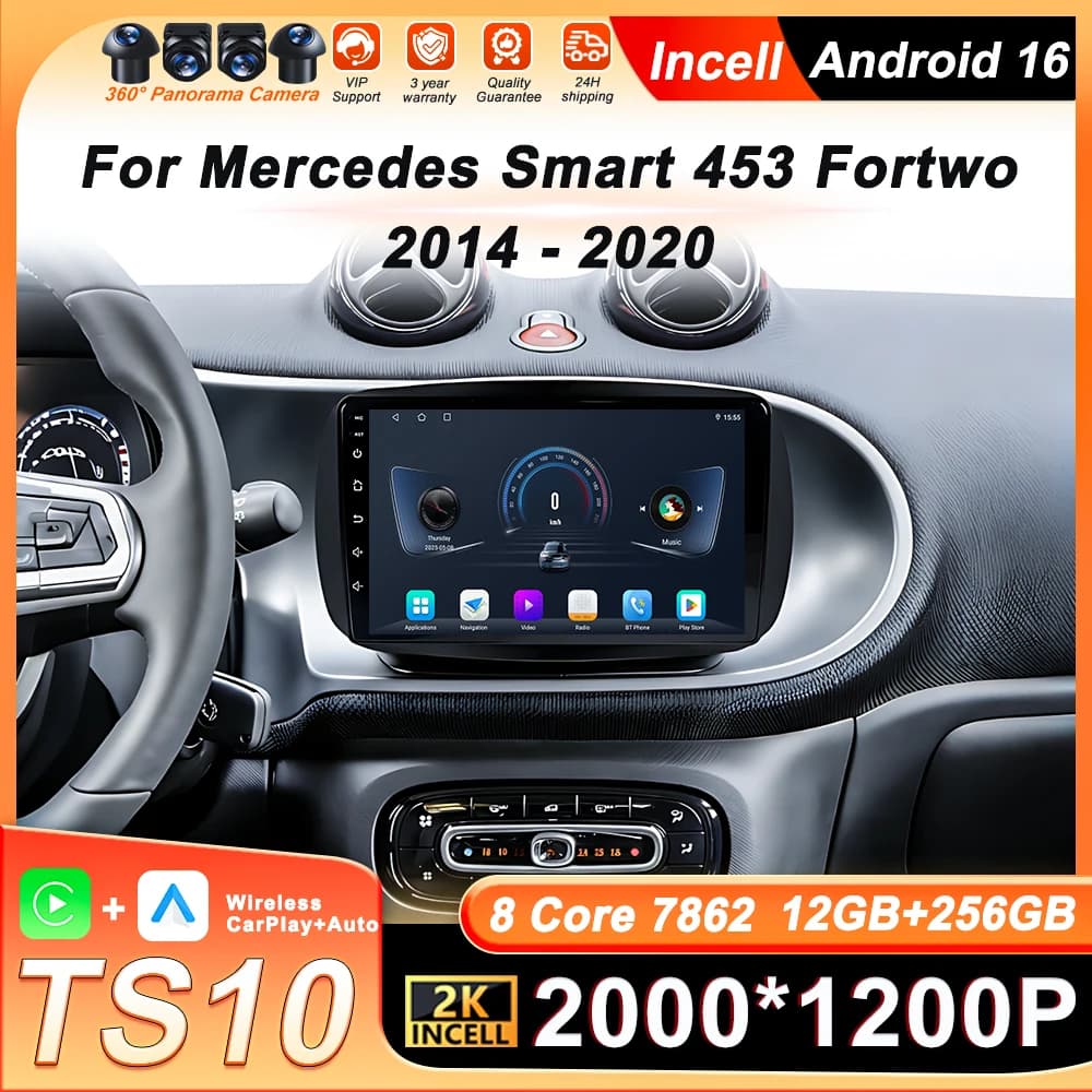 Carplay Wireless and Android Auto for Mercedes Smart 453 Fortwo 2014-2020, Autoradio Android 16, Stereo Multimedia GPS No DVD 2din