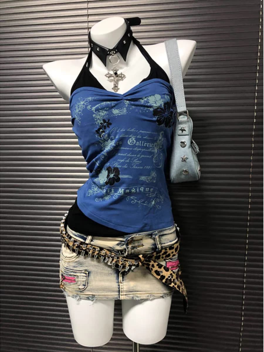 American Vintage stampato collo appeso gilet estate nuovo dolce fresco falso due pezzi T-shirt da donna Spice Girl High Street Y2k Top