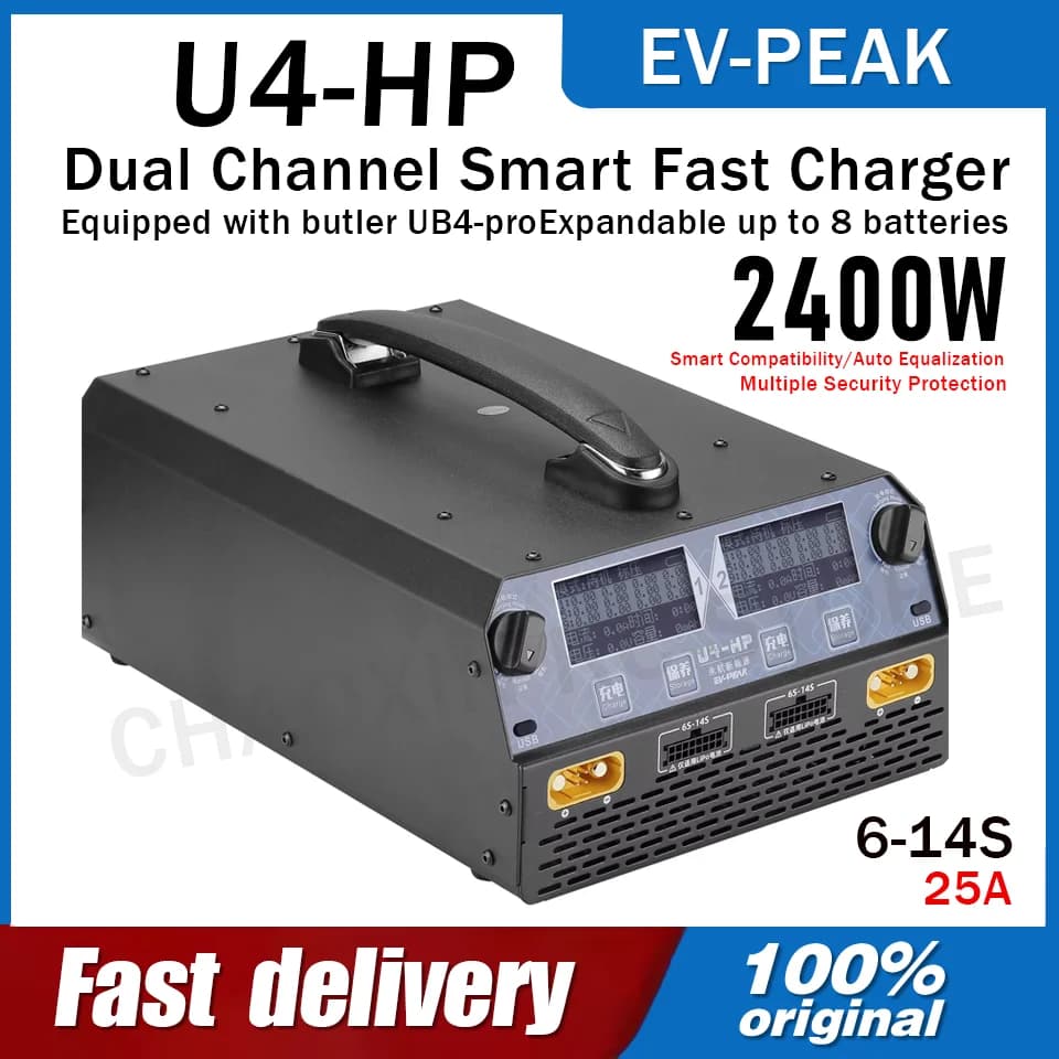 Caricabatterie EV-PEAK U4-HP a Doppio Canale 2500W 25A per Batterie LiPo/LiHv 6S-14S, Porta AC 2500W per Accessori Droni