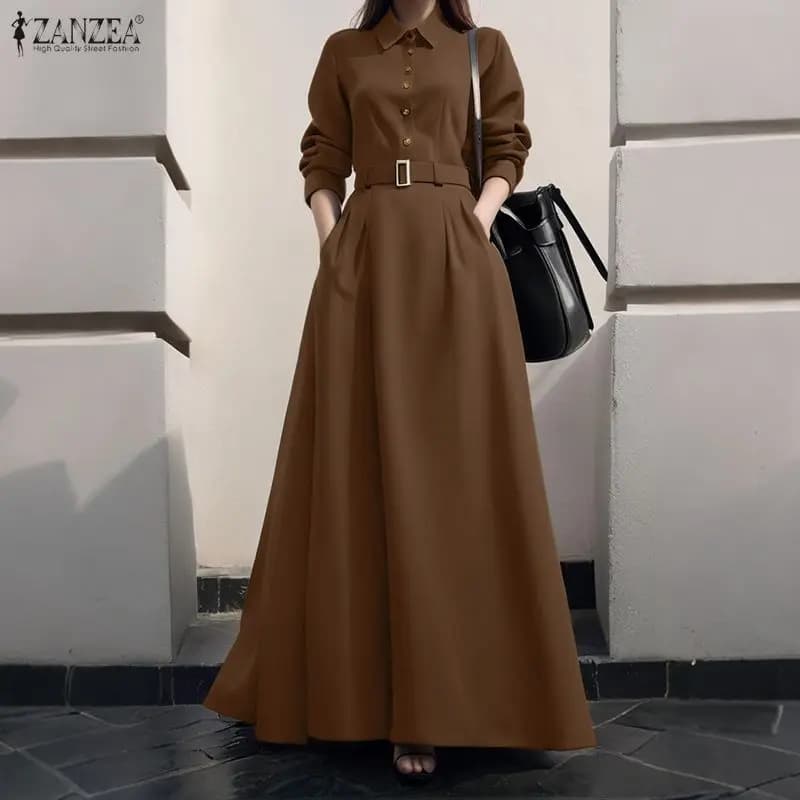 ZANZEA Donna Vintage Abiti a maniche lunghe Bottoni con risvolto Solid Maxi Abiti Autunno Casual Cintura allentata Elegante abito da festa Streetwear