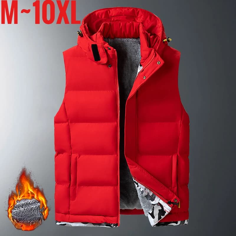 Gilet imbottito da uomo di grandi dimensioni con cerniera con cappuccio foderato in pile giacca senza maniche uomo inverno spesso caldo spazzolato lavoro escursionismo Plus 9XL 10XL