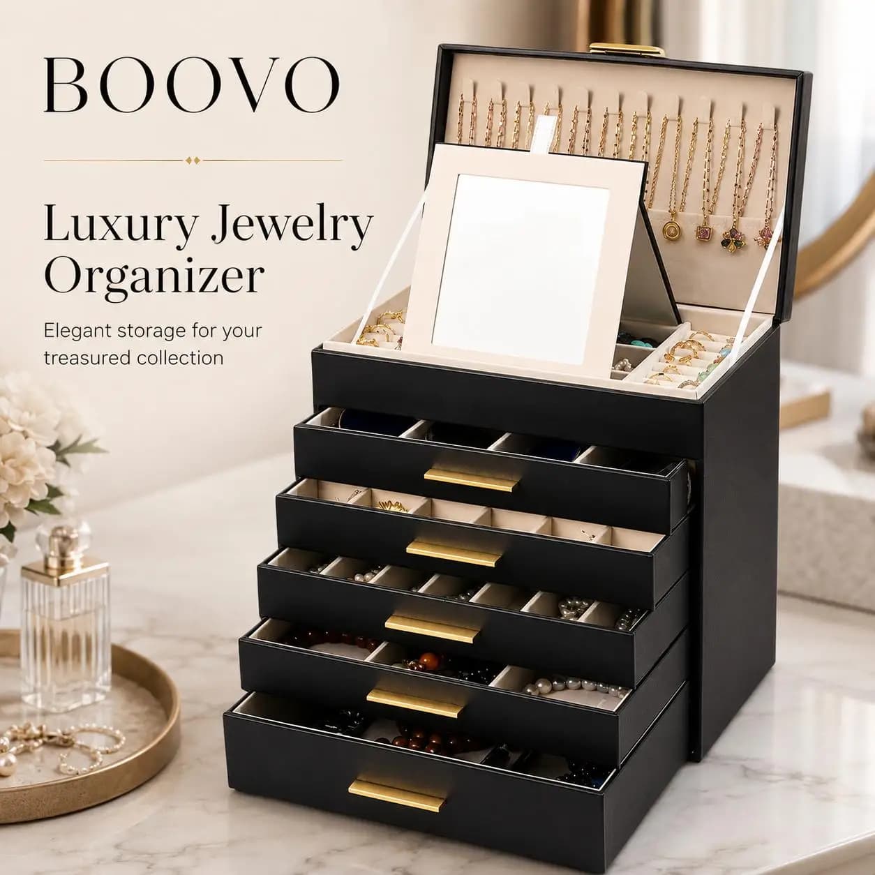 Large Capacity 6-Layer PU Leather Jewelry Organizer Box for Women Velvet Storage Case with Mirror Multilayer Display Holder for Earring Ring Necklace Bracelet Casket Elegant Gift