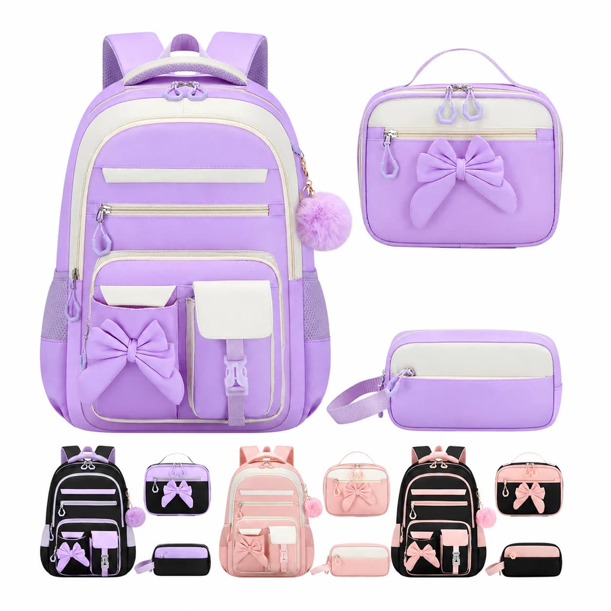 Large Capacity Backpack Breathable Pencil Case Set Girls School Bag Set Anti-Theft Color Block Backpack For Middle School Girls