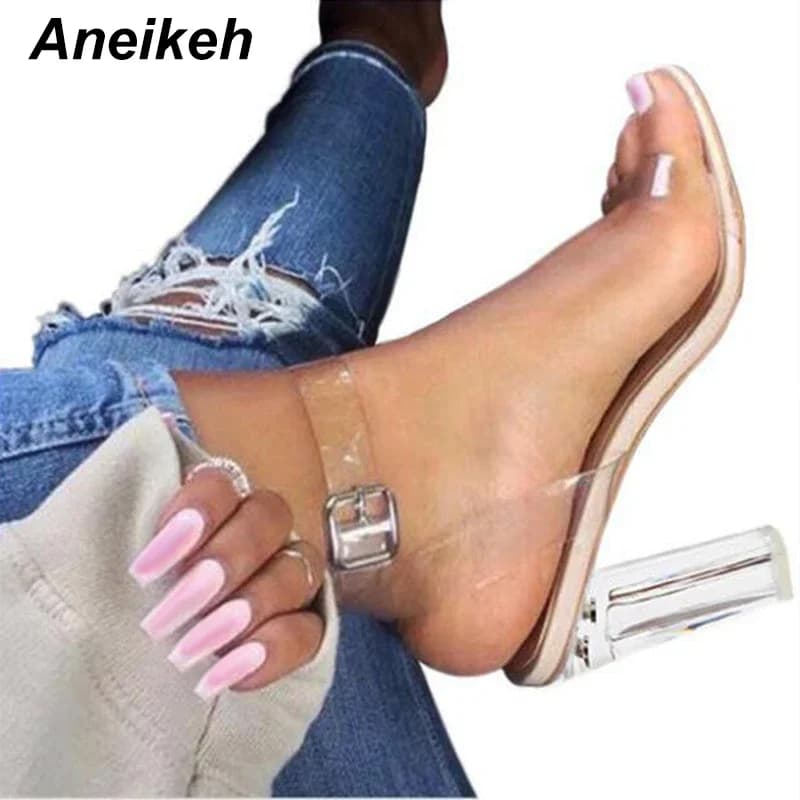 Aneikeh Sexy Clear Chunky Sandals for Women Heels Summer 2026 Perspex High Concise Classic Buckle Strap Party Wedding Pumps 11cm