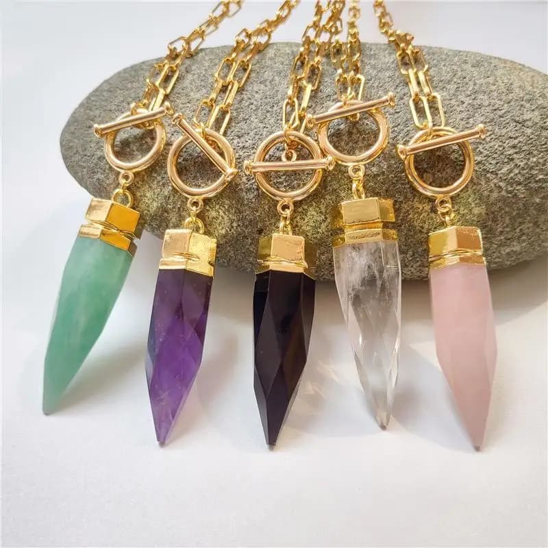 FUWO 1PCS Natural Crystal Quartz Spike Necklace,Creative Stone Point OT Buckle Vintage Chain Jewelry For Women NC085GM