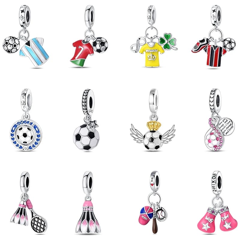 Moda 925 argento maglia da calcio badminton baseball manubri sport perline di fascino misura 925 braccialetto originale gioielli di compleanno fai da te