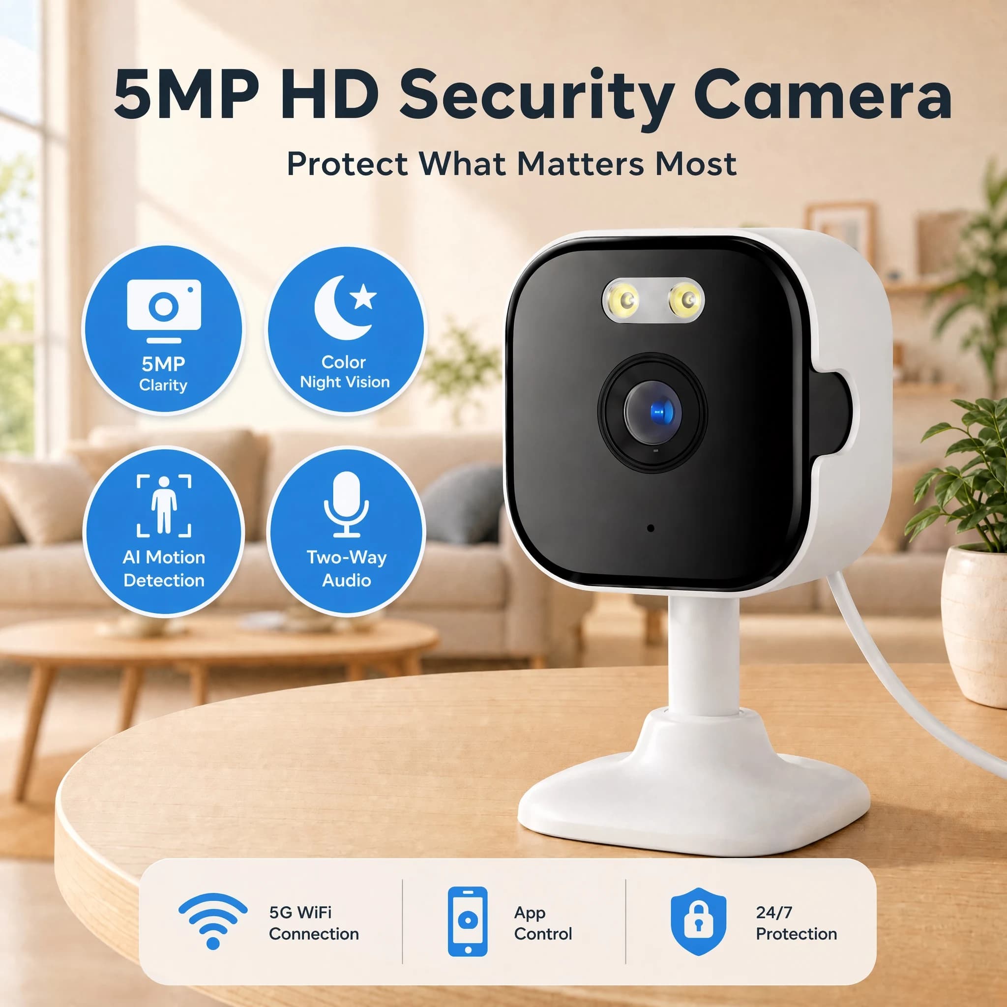 Telecamera Domestica OKAM PRO APP HD 5MP, Mini Telecamera WiFi per Interni con Rilevamento Umano, Zoom 5X, Monitor per Bambini, Registrazione Video 24/7, CCTV