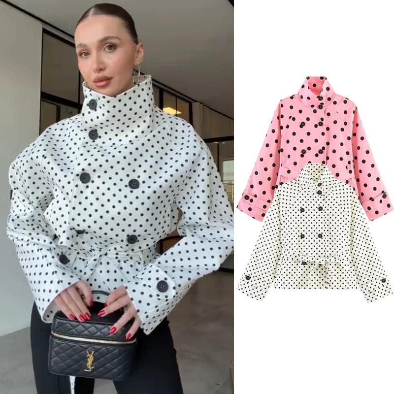 Giacche Primaverili Donna 2026 Nuove, Eleganti e alla Moda con Pois, Giacche Larghe Chic Giovanili a Collo Alto con Cintura, Cappotti Caldi da Esterno