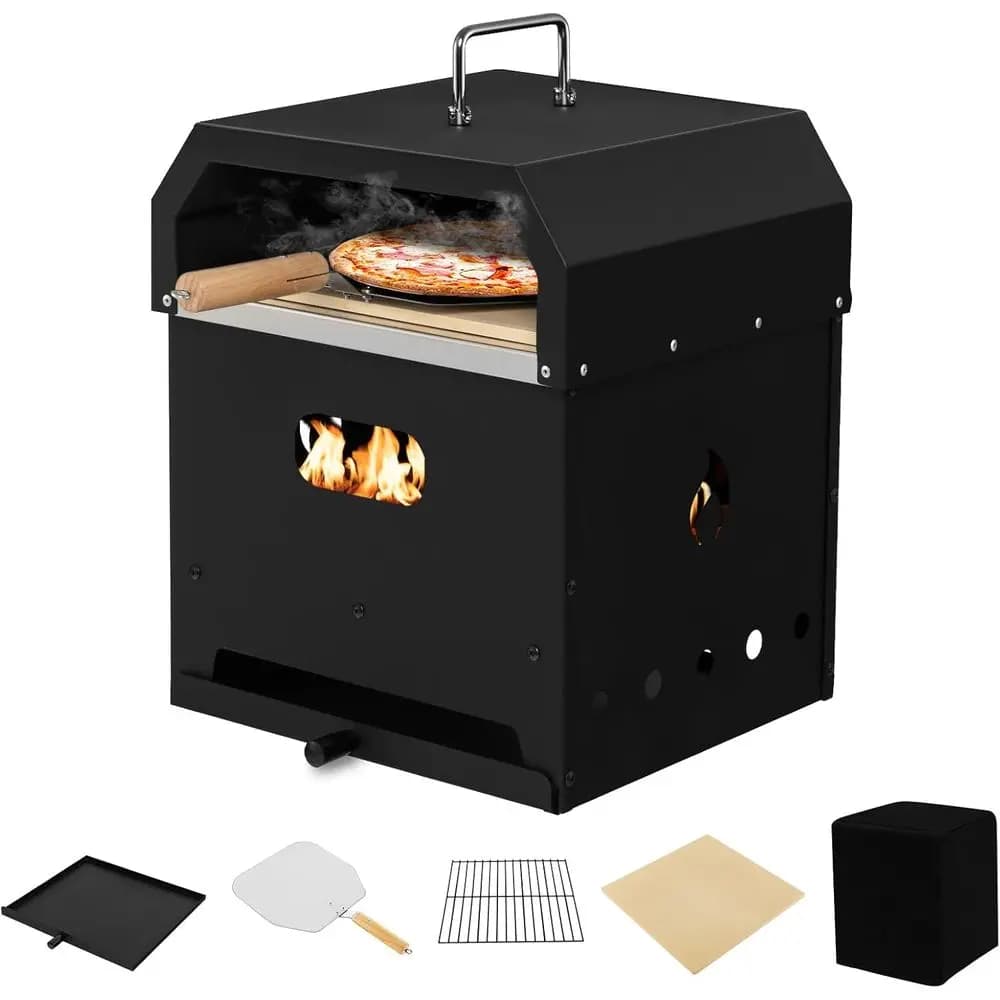 Forno per Pizza a Legna 4-in-1 da Esterno con 12 Pietre, Pala, Copertura e Griglia per Feste in Giardino e Campeggio