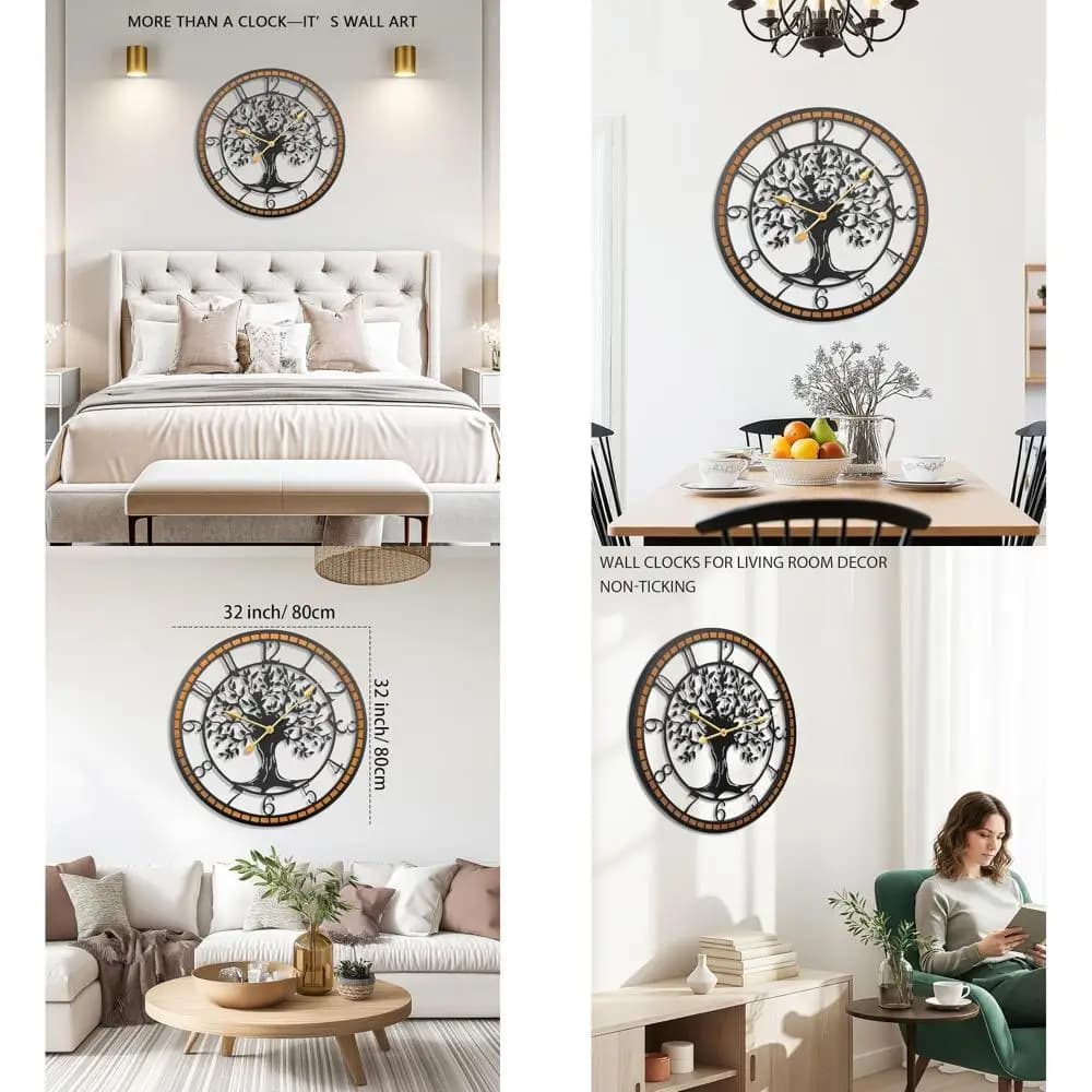 Wall Clock Great Tree of Life 32 Inch, Wooden Frame, Silent, Home and Office Furniture Battery