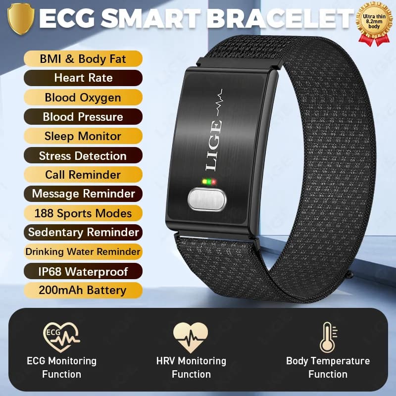 Braccialetto Intelligente LIGE ECG PPG, Misurazione Grasso Corporeo, Pressione Sanguigna, Frequenza Cardiaca, Ossigeno nel Sangue, Impermeabile, Lunga Durata della Batteria, Fitness Senza Schermo, Smartwatch 2026