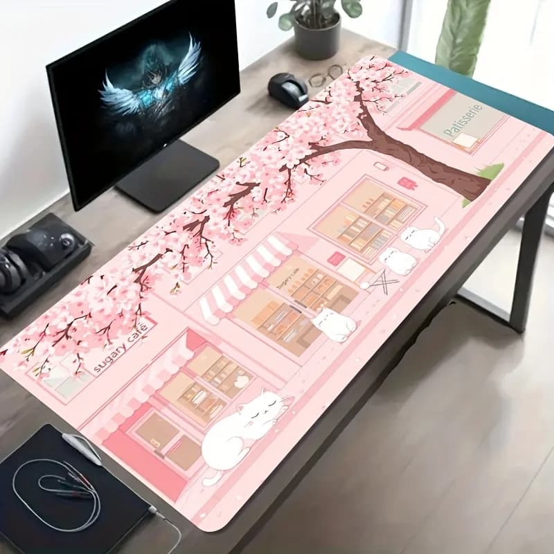 Pink Cherry Blossom Cafe Cats, non-slip rubber desk mat for office and computer decoration