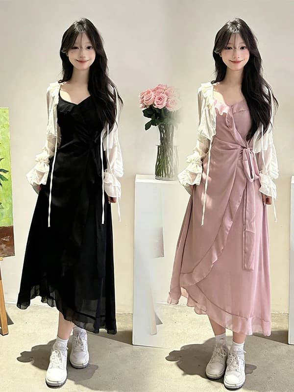 Sweet Gentle Irregular Long Dress Women's Summer New Pure Desire Strapless Sunscreen Two-Piece Set Elegant V-Neck High Waist