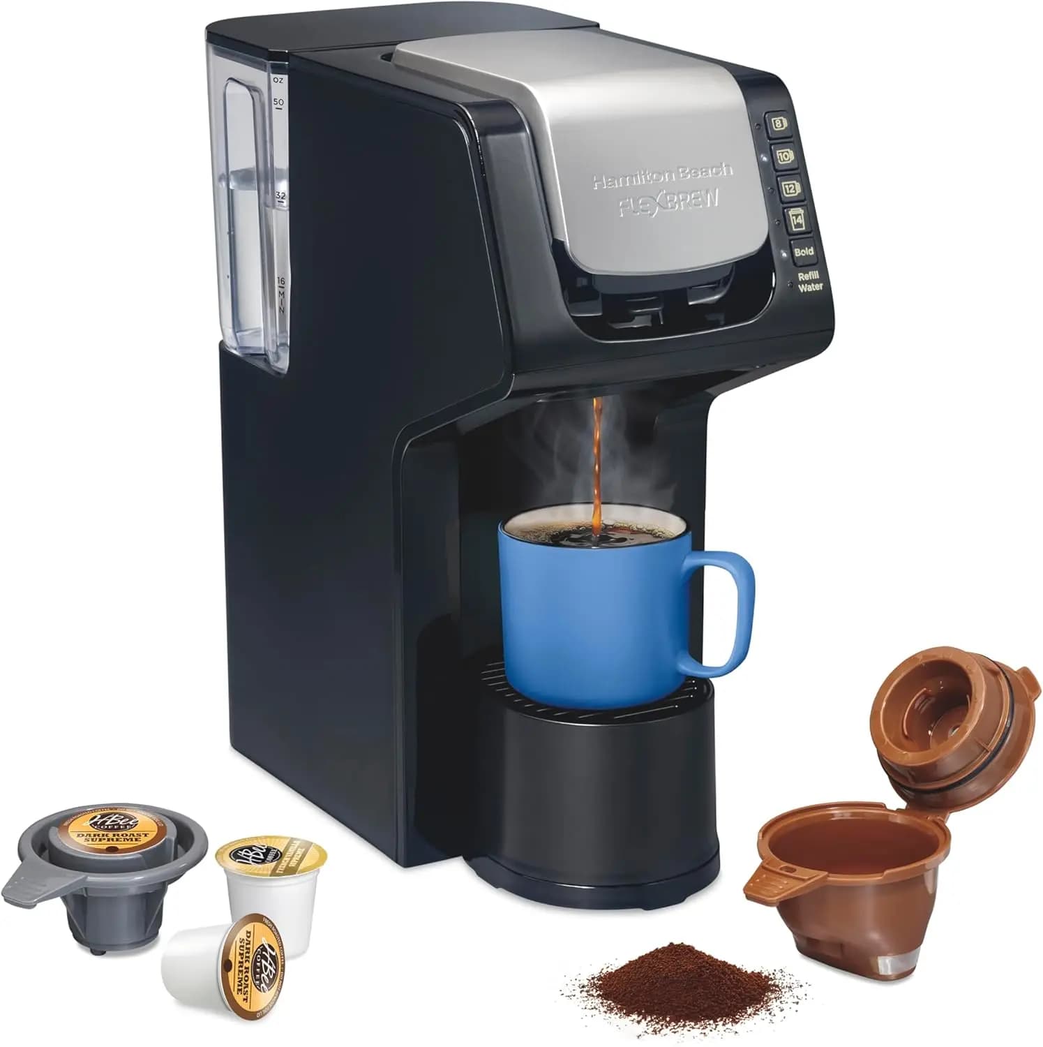 Gen 4 FlexBrew coffee maker, 50 ounces, compatible with pods and funds, 4 preparation options, black