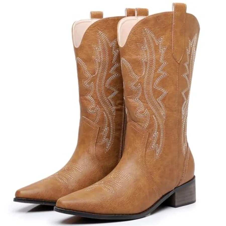 ZHENAIYISHENG Cowboy Boots for Women - Western Embroidery Cowgirl Boots, Mid Calf Pointed Toe Chunky Heel Fashion Boots for Lad